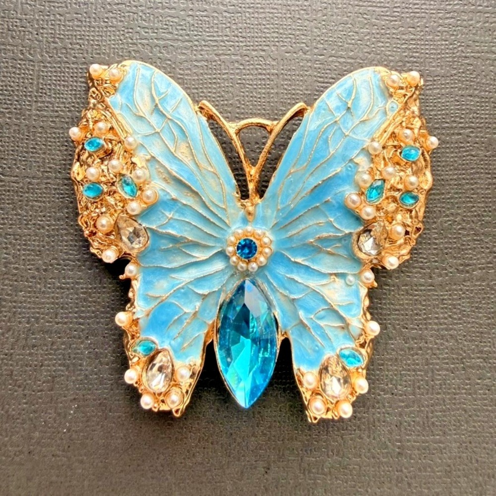 Blue Enamel Butterfly Brooch Rhinestone Faux Pearl Gold Tone Statement Jewelry
